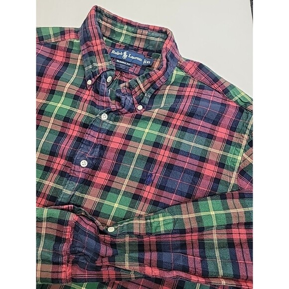 VINTAGE Polo Ralph Lauren Flannel Shirt Mens XL Plaid Green Blue Red RL 90s Long - Picture 6 of 8